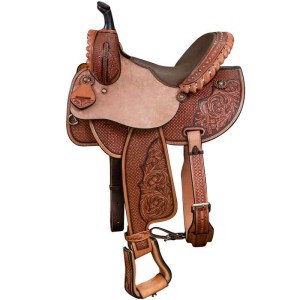 A barrel racing western saddle featuring hand tooled leather floral and waffle weave pattern, with customizable seat size, and personalized silver conchos